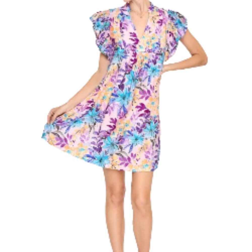 Umgee Blue Purple Floral Ruffle Sleeve Oversized Dress Women’s Medium
